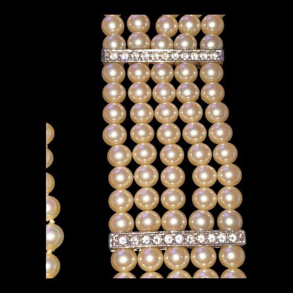 Pearl Glass Bead Necklace Bracelet Set Rhinestones Vintage - Picture 7 of 11